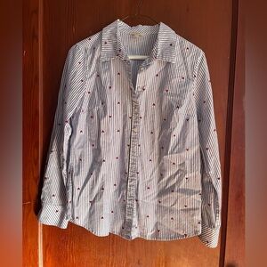 Talbots Women’s Blue Striped Shirt with Red Heart Details